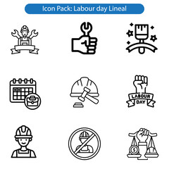 Vector art line icons related to labor, construction, repair, labor day, renovation. Outline icon collection. Vector illustration.

