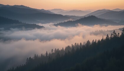 Fototapeta premium Glorious sunrise over misty mountain landscape nature photography tranquil environment aerial view serenity concept