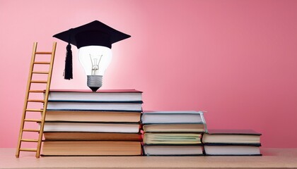 heap of books for studying and ladder leading to bulb in graduation cap for concept of education and university degree against isolated pink background