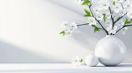 Serene Minimalist Spring Blossom Product Display - Elegant white vase with blooming branches, symbolizing purity, serenity, new beginnings, spring, and renewal. Perfect for product showcasing