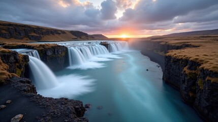 Panoramic shot of Hraunfossar waterfall in Iceland at dawn under cloudy skies.