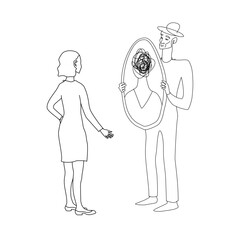 Vector line art showing gaslighting in a relationship: man holding a mirror where a woman’s reflection reveals a tangled mind, symbolizing psychological abuse and emotional confusion.
