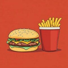 Delicious burger with fries on a vibrant red background ready to be enjoyed at a casual dining spot