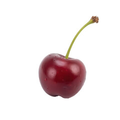 Single Fresh Red Cherry with Stem on Black Background