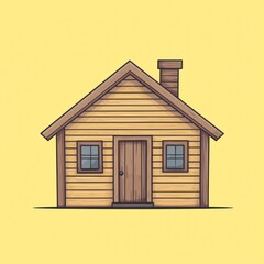 A Simple Wooden Cottage Illustrated Against a Yellow Background