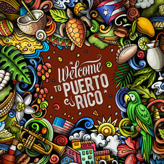 Puerto Rico cartoon doodle vector frame illustration. Funny Puerto-Rican whimsical border design. Caribbean tropical elements in a vibrant, playful style