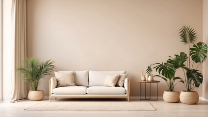 Empty Wall Mockup in a Beige Room with Palm Plant for Design Inspiration