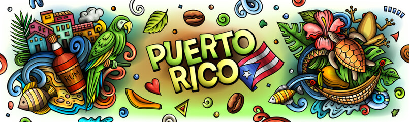 Puerto Rico cartoon doodle vector color banner design. Funny Puerto Rican whimsical illustration. Caribbean tropical elements in a vibrant, playful style