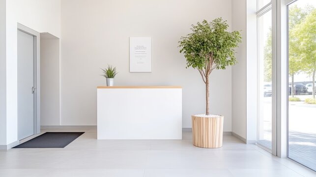 A minimalist reception area features a clean white counter, complemented by a small potted plant and a larger potted tree. The space is bright and airy with natural light entering through a large win