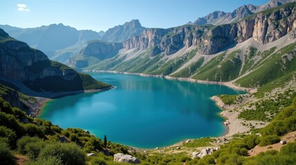 Alpine Lakes of Tymfi in Greece under a hot, sunny midday sky, viewed from above.
