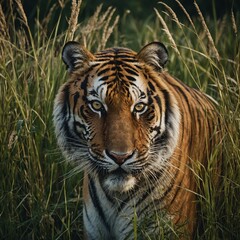 Fototapeta premium A tiger padding silently through tall grass, each step slow and powerful, golden eyes fixed on something in the distance