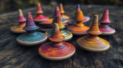 A cluster of wooden spinning tops with vibrant