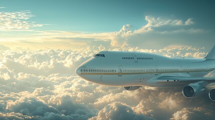 Fototapeta premium Airplane soaring above clouds at sunrise