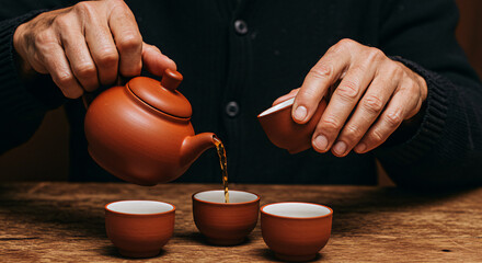 Aged hands pouring tea from clay pot into small cups