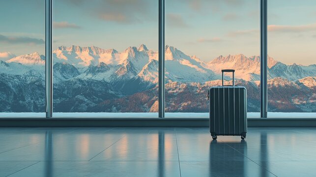 Solitary Suitcase Mountain View Airport - A lone suitcase sits in an airport terminal, overlooking a breathtaking snow-capped mountain range at sunset. Symbolizing travel, adventure, freedom