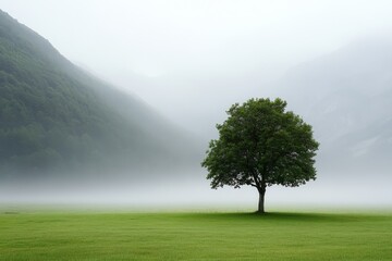 Fototapeta premium Solitary Tree in Misty Valley - A single tree stands alone in a misty green valley, surrounded by fog-covered mountains. Serene and peaceful nature scene