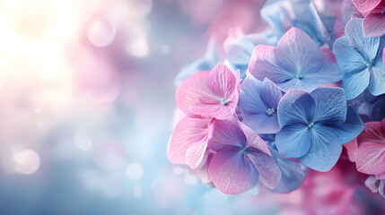 Closeup view of vibrant blue and pink hydrangeas blooming in summer garden, copy space. Generative AI