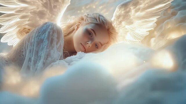 Beautiful angel woman with glowing wings resting on soft clouds slowly opening her eyes in ethereal heavenly light
