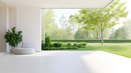 Modern open-plan living space with expansive garden views