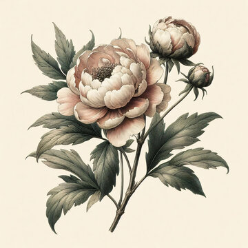 A watercolor vintage botanical illustration of a peone plant with a stem and leaves. The flowers have a high level of detail. The background is a light beige color with a texture