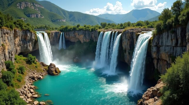 Stunning Polylimnio Waterfalls in Greece at midday with hot, sunny summer conditions, shot from a panoramic perspective.