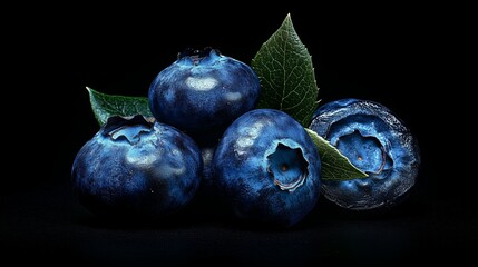 Obraz premium Close-up of fresh blueberries with green leaves, showcasing their deep blue color and glossy surface in high detail.