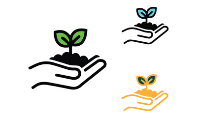Vector Icons of a Hand Holding a Growing Plant – Minimalist Outline and Solid Style for Sustainability and Environmental Themes