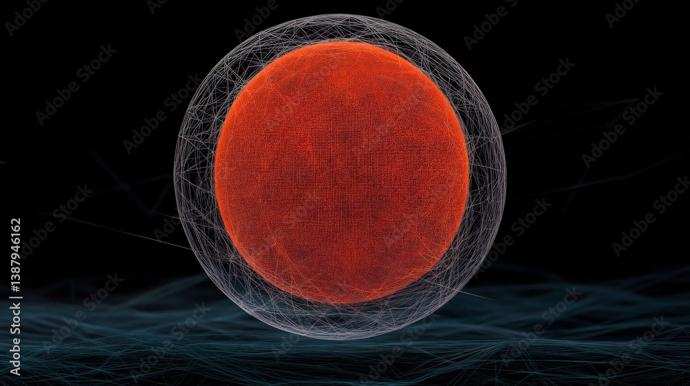 Wall mural abstract red sphere with network lines against black background