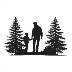 father and son walking through forest street