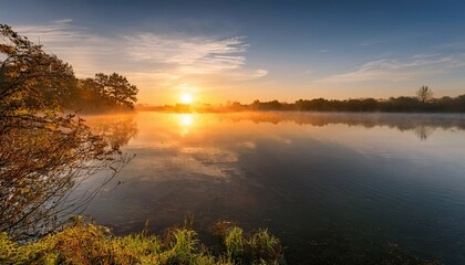 Fototapeta premium a tranquil scene of water reflecting the warm hues of a sunrise creating a serene and calming atmosphere