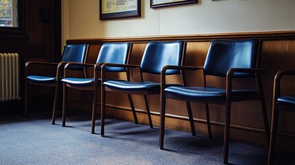 Empty blue leather chairs in a waiting room against a wood panel wall.