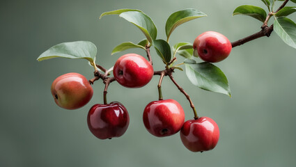 Obraz premium Fresh Crabapples On A Branch Displaying Vibrant Red Colors And Healthy Leaves