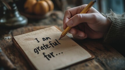 I am grateful for. Hand writing gratitude journal entry on rustic wooden table