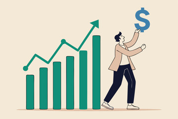 Obraz premium Sales person, marketing or investment professional, earning profit or sale commission money, growth planning or success financial advisor concept, confident businessman hold dollar with growth chart.