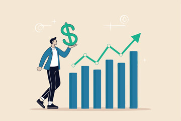 Sales person, marketing or investment professional, earning profit or sale commission money, growth planning or success financial advisor concept, confident businessman hold dollar with growth chart.