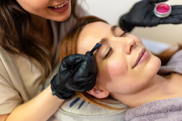 Beauty professional applying eyebrow tint to a woman's brows using a fine brush.