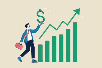 Sales person, marketing or investment professional, earning profit or sale commission money, growth planning or success financial advisor concept, confident businessman hold dollar with growth chart.