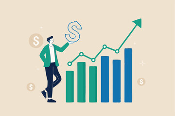 Sales person, marketing or investment professional, earning profit or sale commission money, growth planning or success financial advisor concept, confident businessman hold dollar with growth chart.
