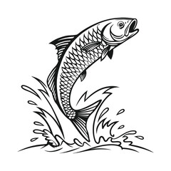 marine fish, heavily details, jumping, silhouette vector,  on a white  background