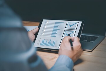 Businessman using digital screen to analyze key performance indicators (KPI) with various graphs and charts, showcasing data analysis and performance tracking. Analyzing Key Performance Indicators