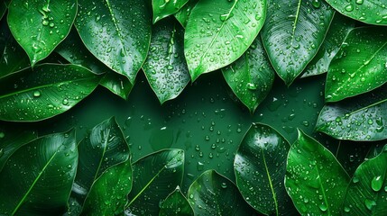 Obraz premium Close-up shot of green leaves with glistening water droplets; ideal for organic and nature backgrounds.