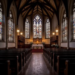 Obraz premium Serene candlelit church interior with stained glass windows 