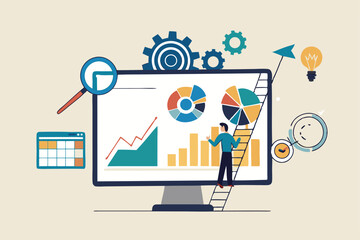 Data analytics, research or analysis graph and chart diagram, statistics report, datum or financial analysis, marketing for website, optimization concept, businessman analyze data on monitor screen.