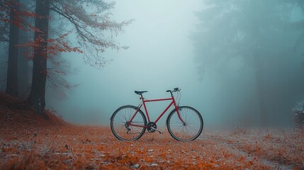 Obraz premium Red bike in misty autumn forest