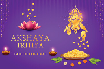 Goddess Lakshmi Blessing Fortune Plate Filled With Gold Coins on Purple Background. Akshaya Tritiya Festival Celebration Vector Illustartion For E-commerce, Festive Sale Offer Etc.