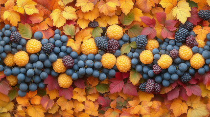A stunning display of colorful berries resting on vibrant fall leaves, showcasing the beauty of autumn harvest. Perfect for seasonal themes and recipes.