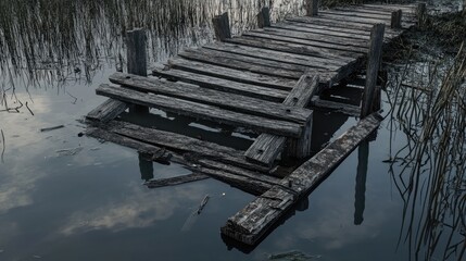 A hand-built old wooden bridge partially submerged in a marsh