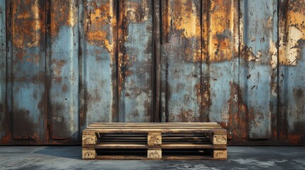 Wooden pallet against rusty metal wall