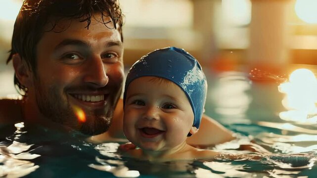 Young dad enjoys swimming in the pool with his son on a sunny day creating joyful memories
