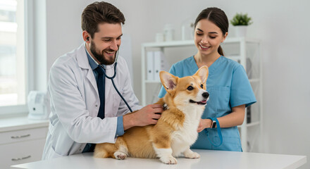 A gentle vet examines a charming corgi during a routine checkup in a bright, clean veterinary clinic.